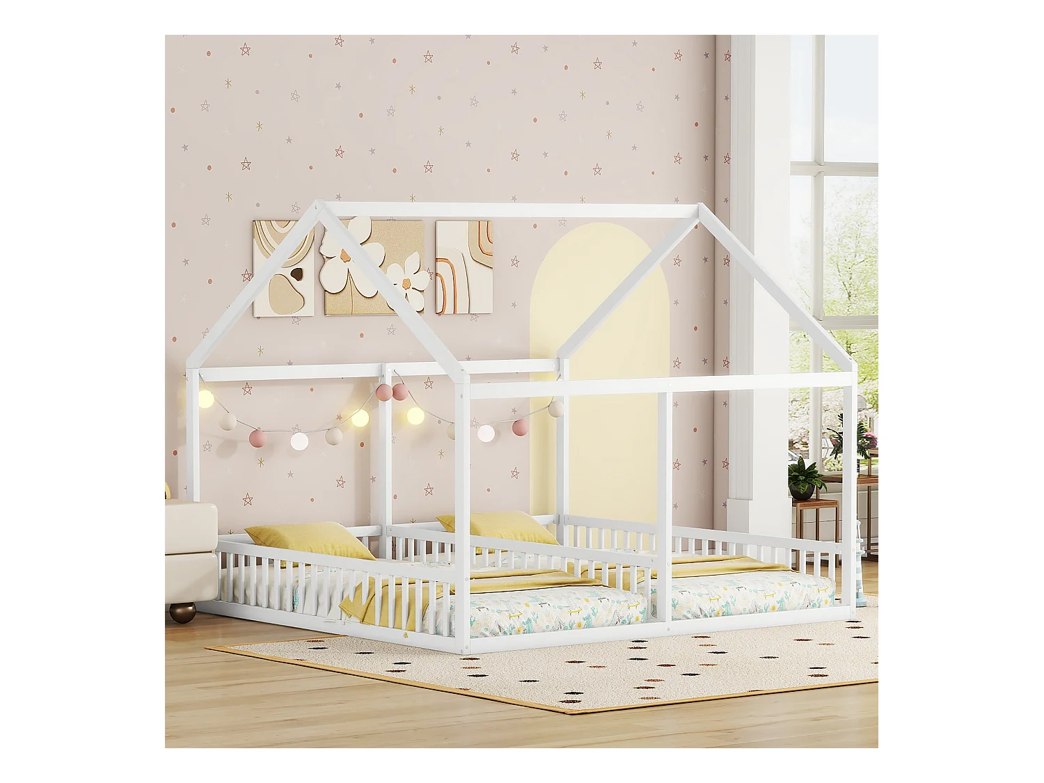 Cama-cabaña de madera de pino 2x90x200cm - con techo y somier - Blanco