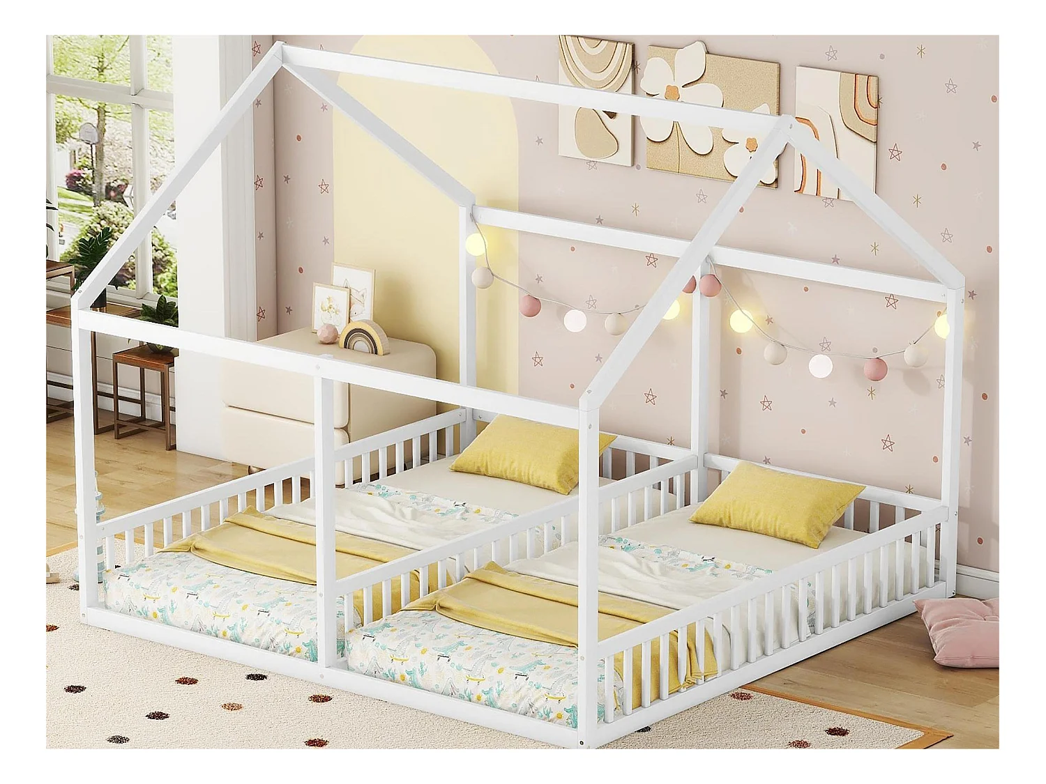 Lit cabane en bois de pin 2x90x200cm - avec toit et sommier à lattes - Blanc