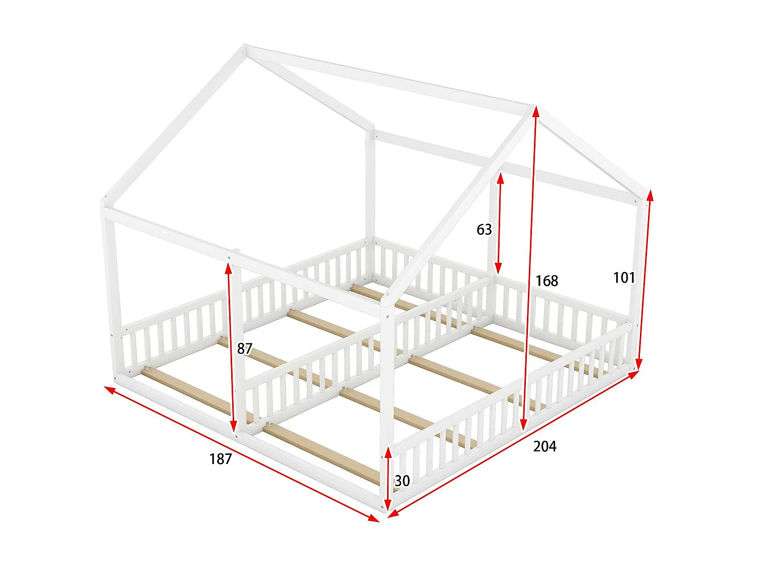 Lit cabane en bois de pin 2x90x200cm - avec toit et sommier à lattes - Blanc