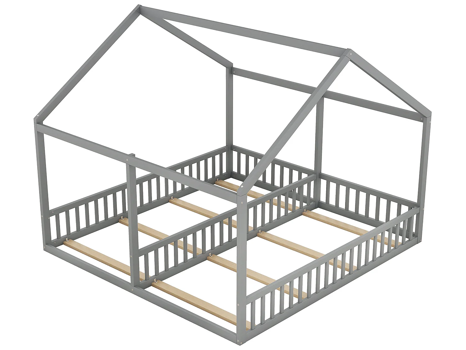 Hochbett aus Kiefernholz 2x90x200cm – mit Dach und Lattenrost – Grau