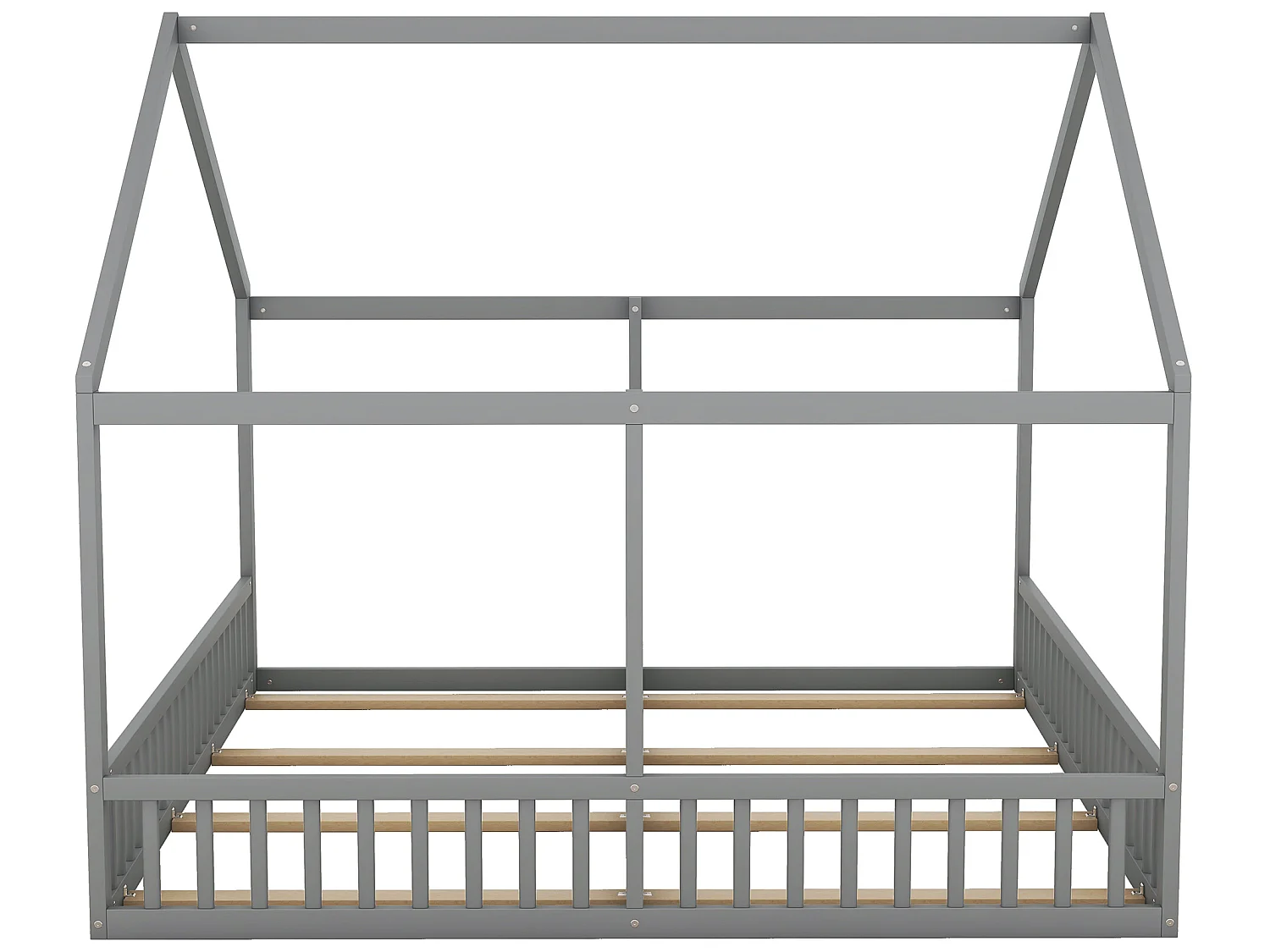 Hochbett aus Kiefernholz 2x90x200cm – mit Dach und Lattenrost – Grau