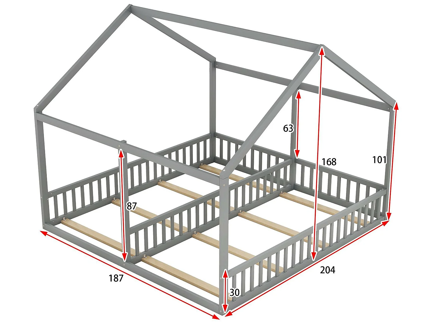 Hochbett aus Kiefernholz 2x90x200cm – mit Dach und Lattenrost – Grau