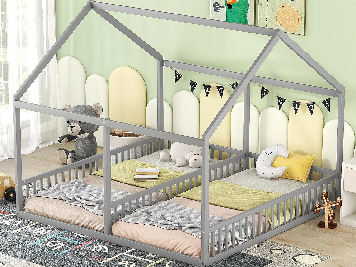 Kajuitbed van grenenhout 2x90x200cm - met dak en lattenbodem - Grijs