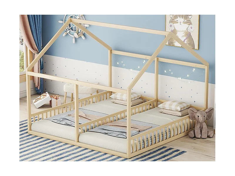 Letto a soppalco in legno di pino 2x90x200 cm - con tetto e rete a doghe - Naturale