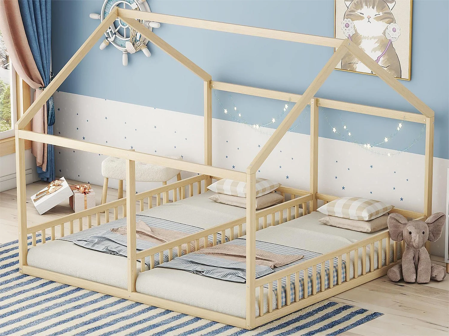 Hochbett aus Kiefernholz 2x90x200cm – mit Dach und Lattenrost – Natur