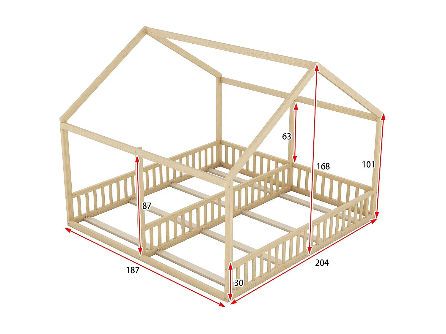 Hochbett aus Kiefernholz 2x90x200cm – mit Dach und Lattenrost – Natur