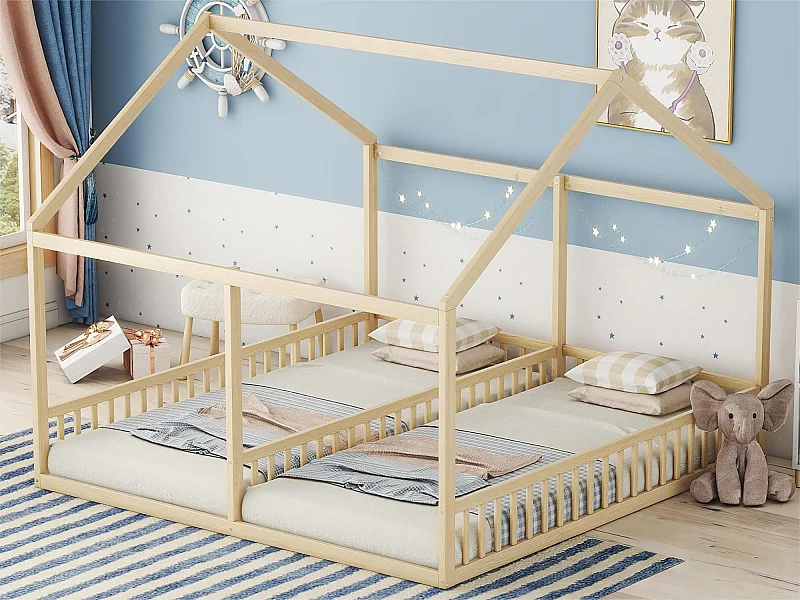 Lit cabane en bois de pin 2x90x200cm - avec toit et sommier à lattes - Naturel