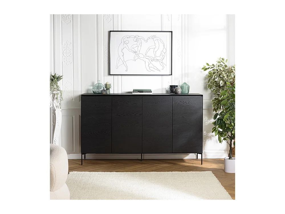 MAXENDRE - Buffet noir 4 portes 6 étagères pieds métal noir