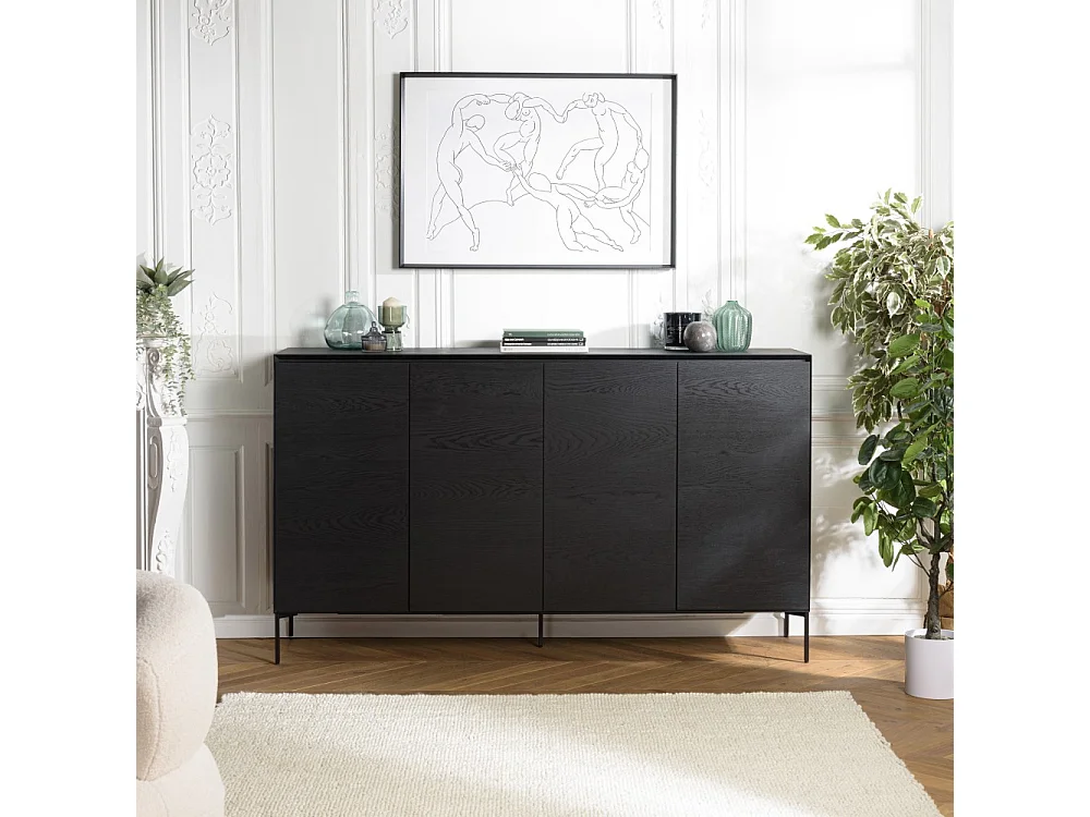 MAXENDRE - Buffet en bois noir 4 portes 6 étagères pieds métal noir