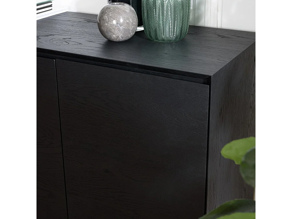 MAXENDRE - Buffet en bois noir 4 portes 6 étagères pieds métal noir