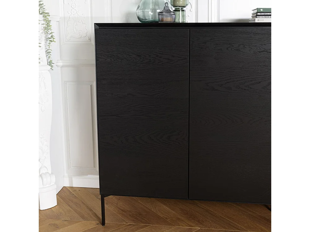 MAXENDRE - Buffet en bois noir 4 portes 6 étagères pieds métal noir