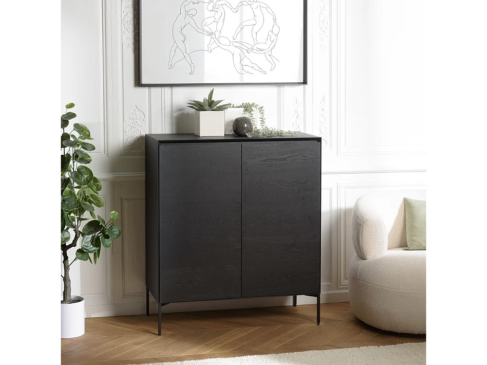 MAXENDRE - Buffet en bois noir 2 portes 3 étagères pieds métal noir