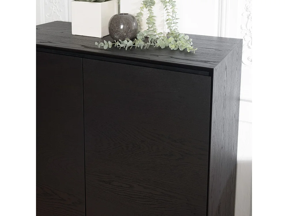 MAXENDRE - Buffet en bois noir 2 portes 3 étagères pieds métal noir