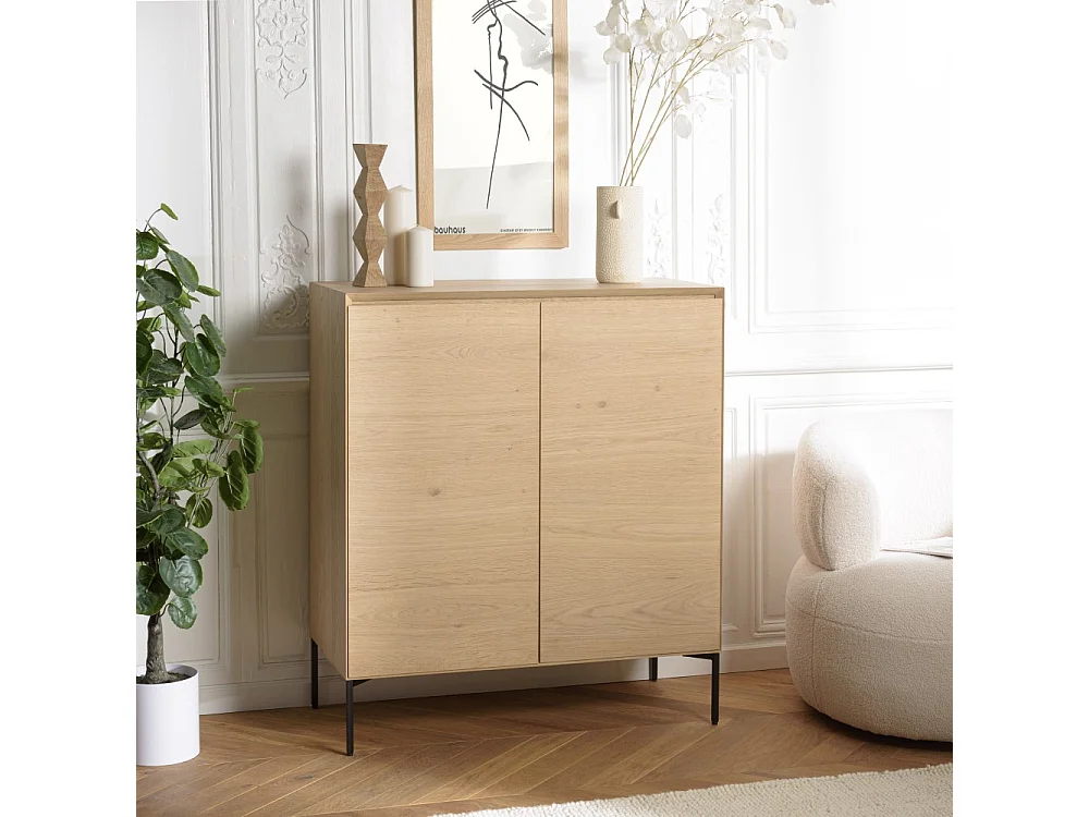 MAXENDRE - Buffet bois couleur naturelle 2 portes 3 étagères pieds noir