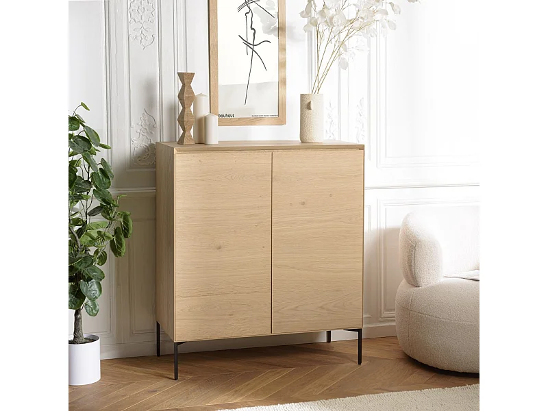 MAXENDRE - Buffet bois couleur naturelle 2 portes 3 étagères pieds noir