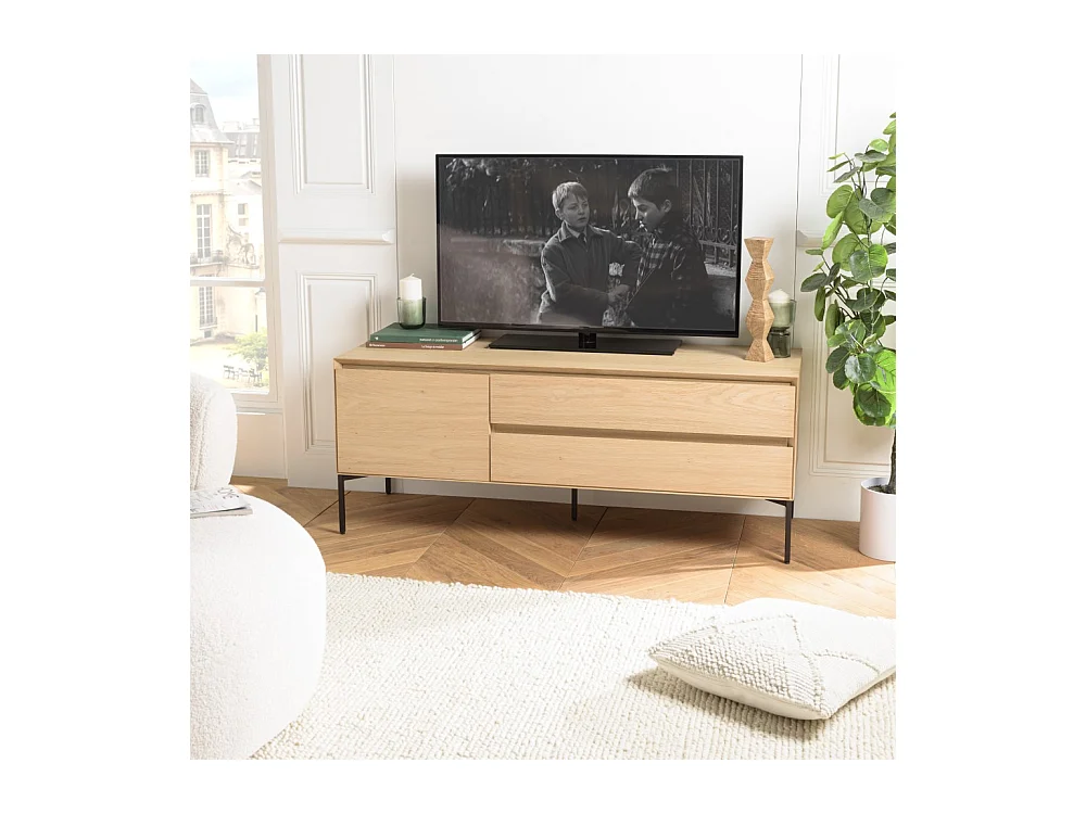 MAXENDRE - Meuble TV naturel 1 porte 2 tiroirs pieds métal noir