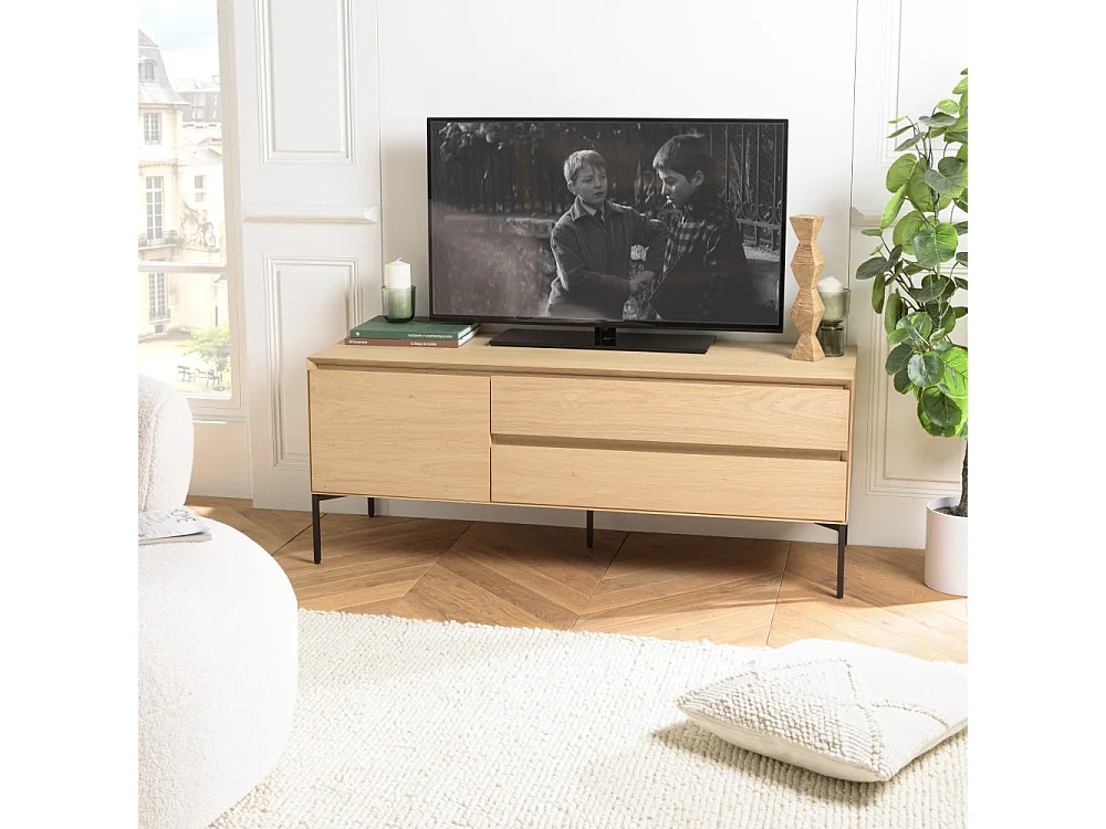 MAXENDRE - Meuble TV bois naturel 1 porte 2 tiroirs pieds métal noir