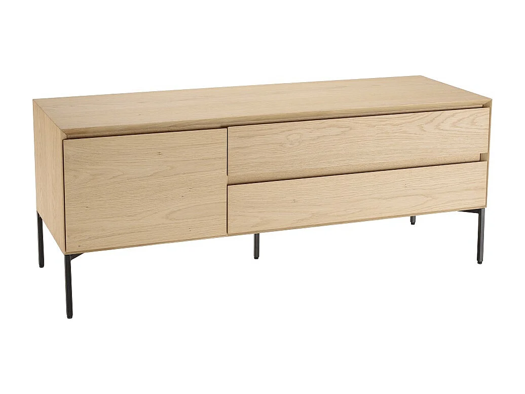 MAXENDRE - Meuble TV bois naturel 1 porte 2 tiroirs pieds métal noir