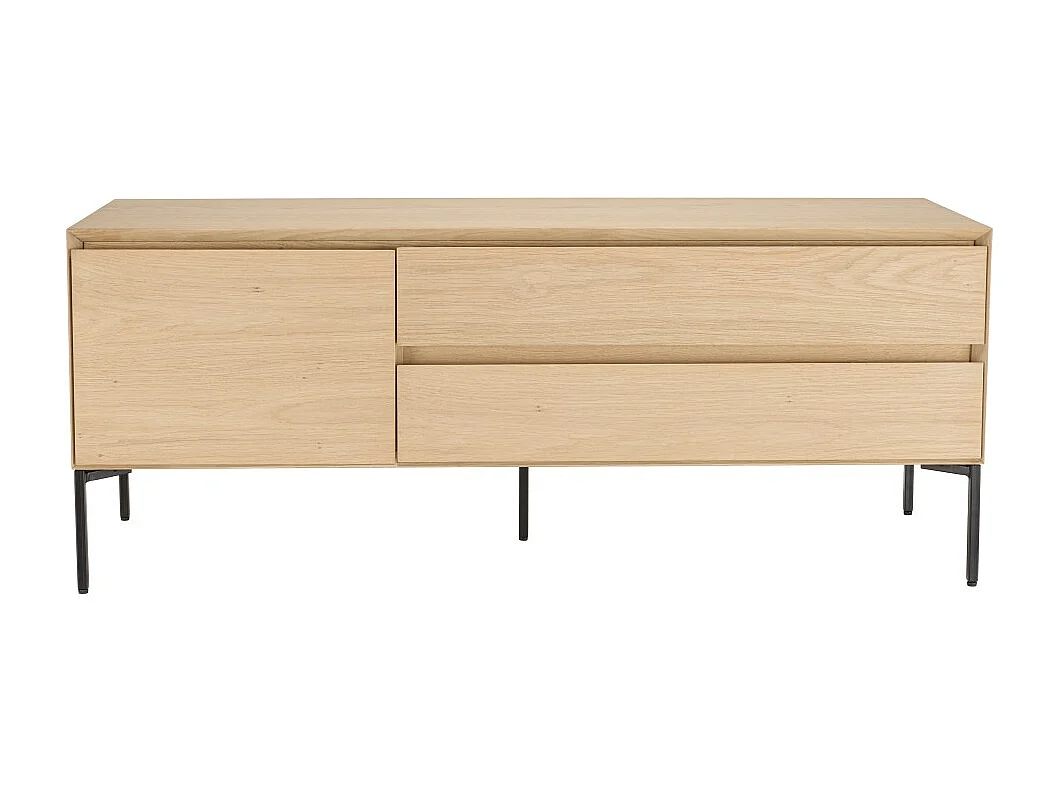 MAXENDRE - Meuble TV bois naturel 1 porte 2 tiroirs pieds métal noir