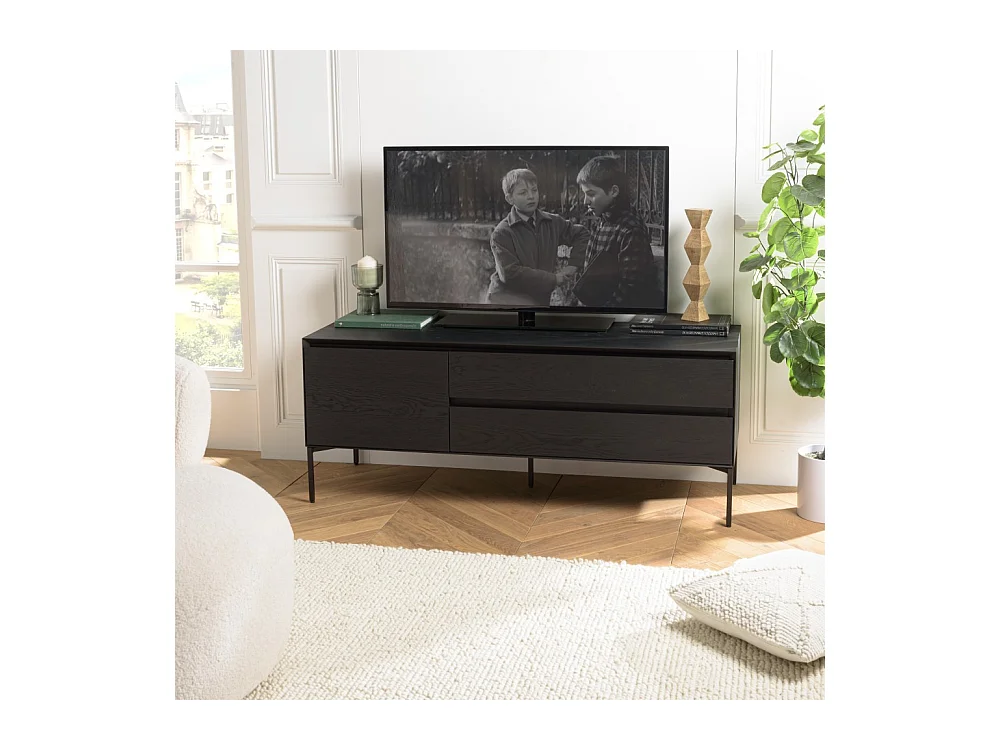 MAXENDRE - Meuble TV noir 1 porte 2 tiroirs pieds métal noir