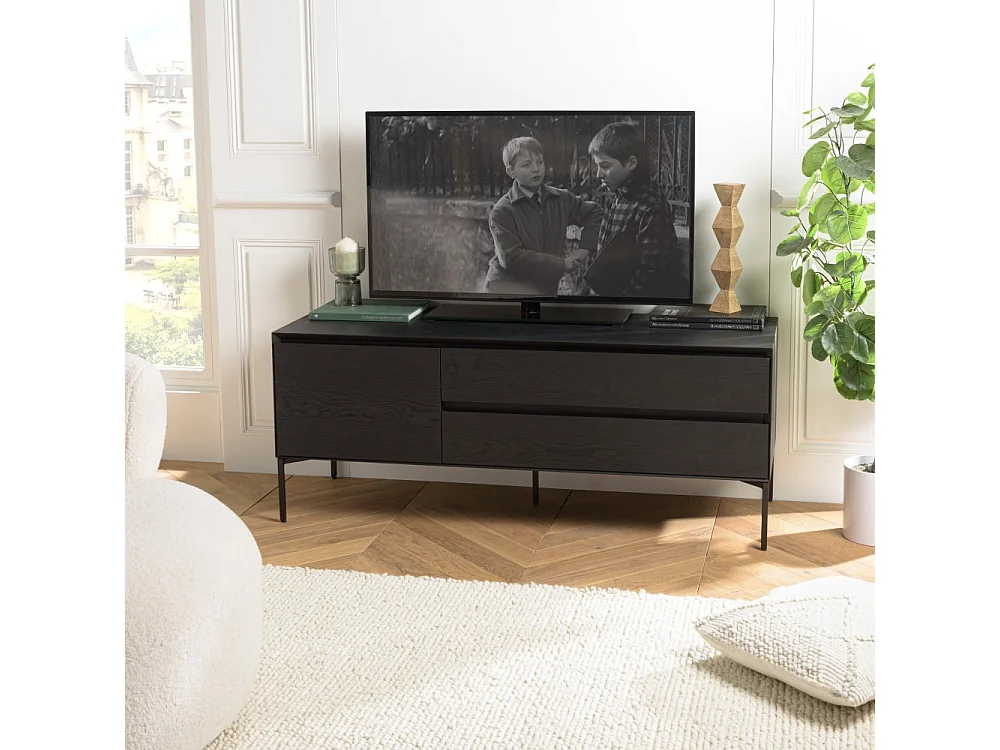 MAXENDRE - Meuble TV en bois noir 1 porte 2 tiroirs pieds métal noir
