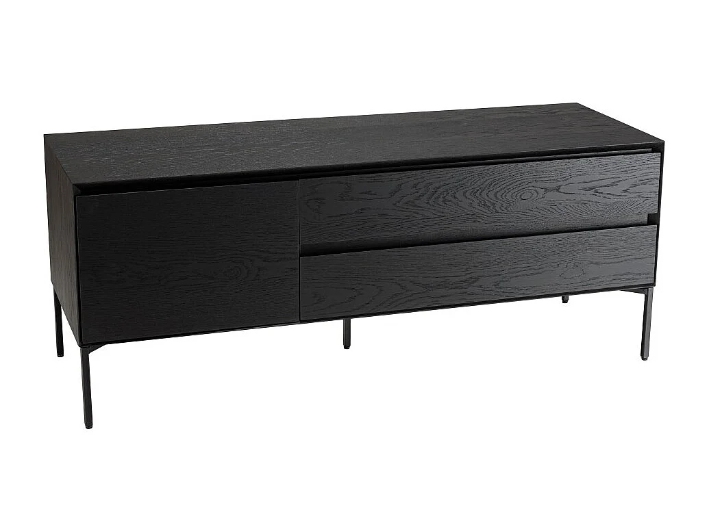 MAXENDRE - Meuble TV en bois noir 1 porte 2 tiroirs pieds métal noir
