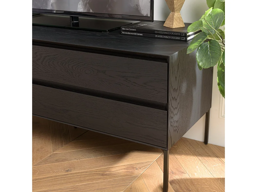 MAXENDRE - Meuble TV en bois noir 1 porte 2 tiroirs pieds métal noir