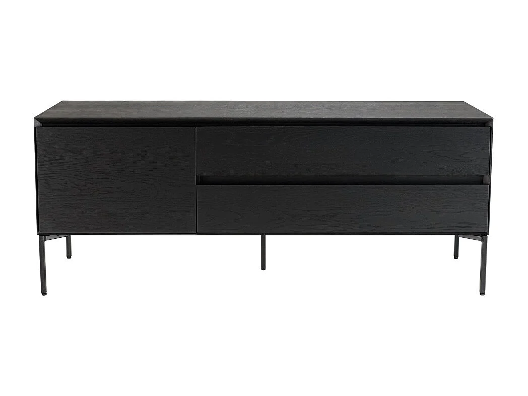 MAXENDRE - Meuble TV en bois noir 1 porte 2 tiroirs pieds métal noir