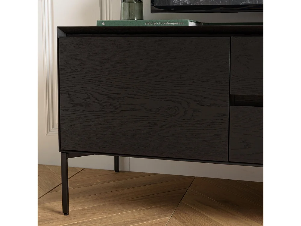 MAXENDRE - Meuble TV en bois noir 1 porte 2 tiroirs pieds métal noir