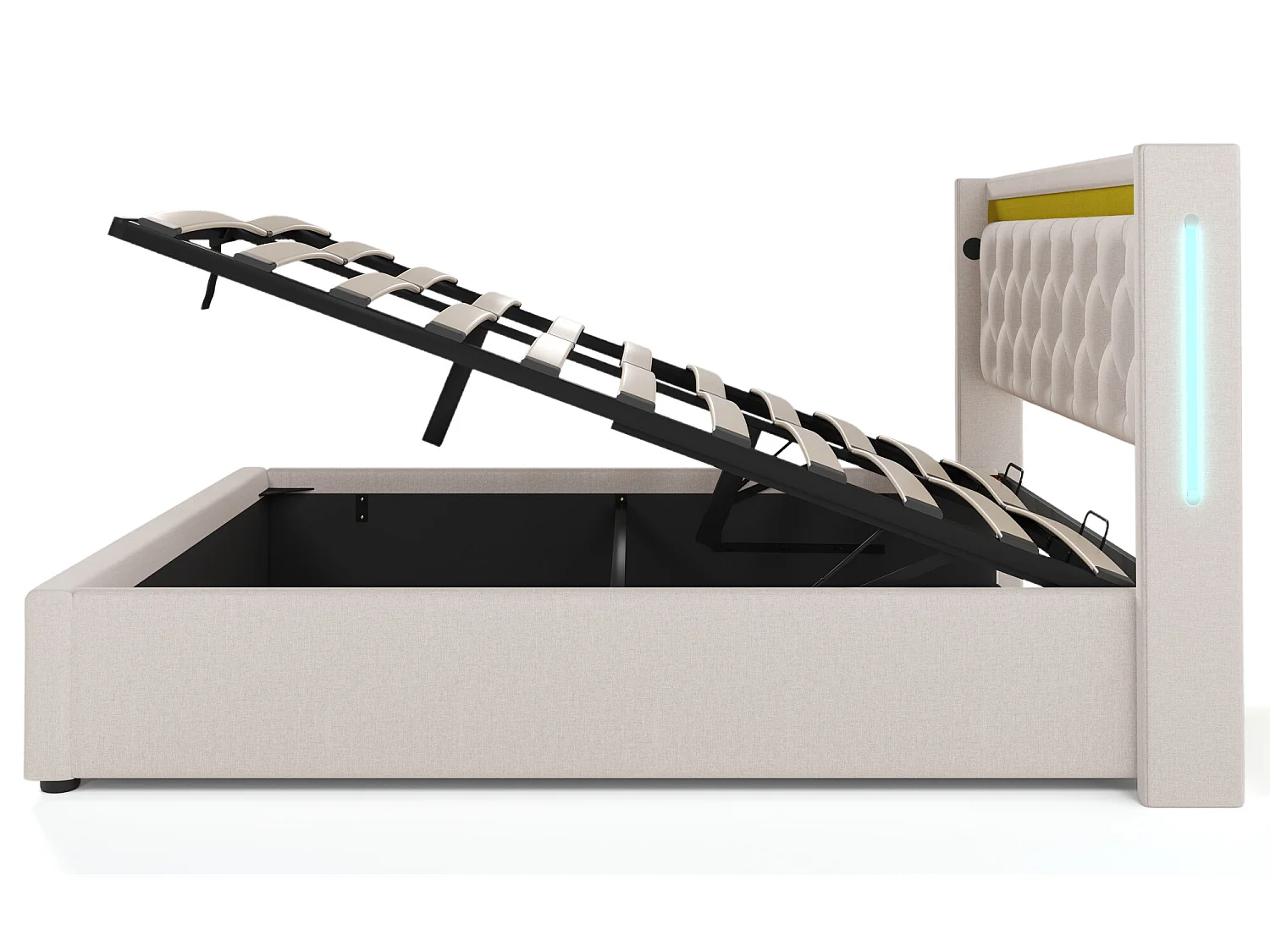 140x200cm katoenen opbergbed met LED- en USB-poorten - met lattenbodem - Beige