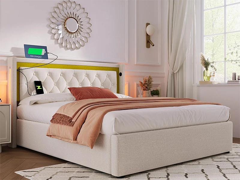 Lit coffre 140x200cm en coton avec LED et Ports USB - avec sommier à lattes - Beige