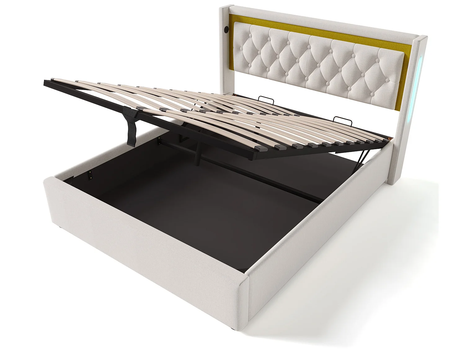 160 x 200 cm großes Stauraumbett aus Baumwolle mit LED- und USB-Anschlüssen – mit Lattenrost – Beige