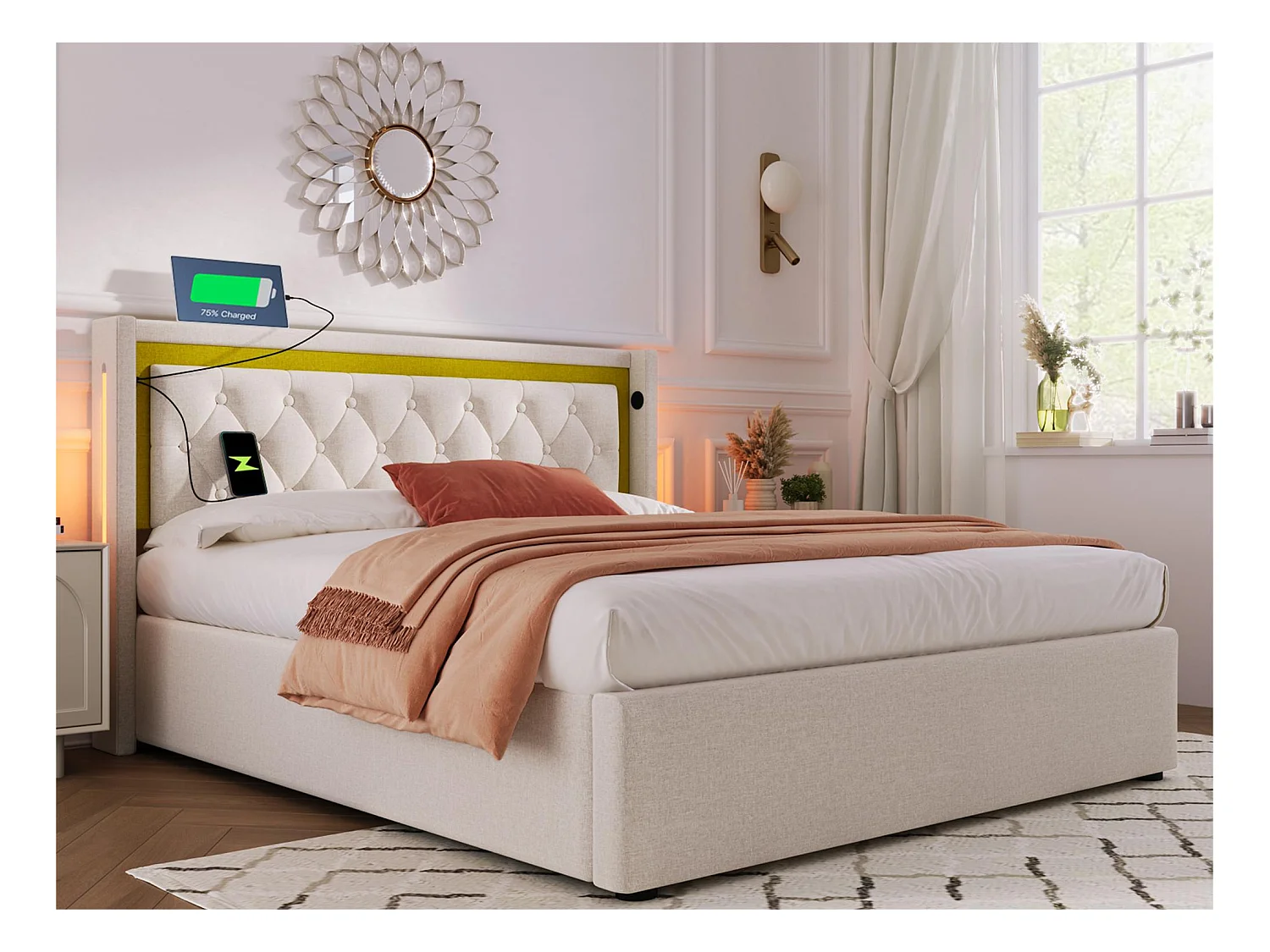 Lit coffre 160x200cm en coton avec LED et Ports USB - avec sommier à lattes - Beige
