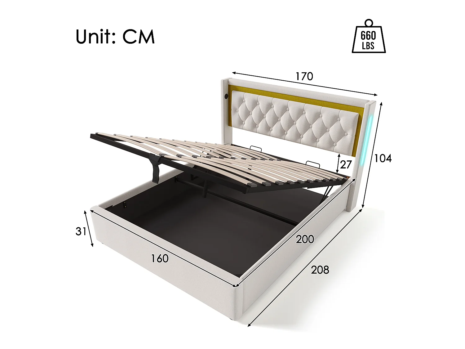 Letto contenitore 160x200 cm in cotone con LED e porte USB - con rete a doghe - Beige