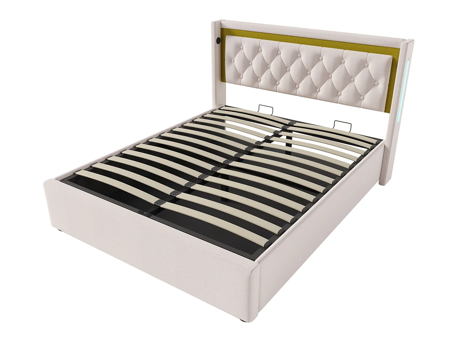 Letto contenitore 160x200 cm in cotone con LED e porte USB - con rete a doghe - Beige