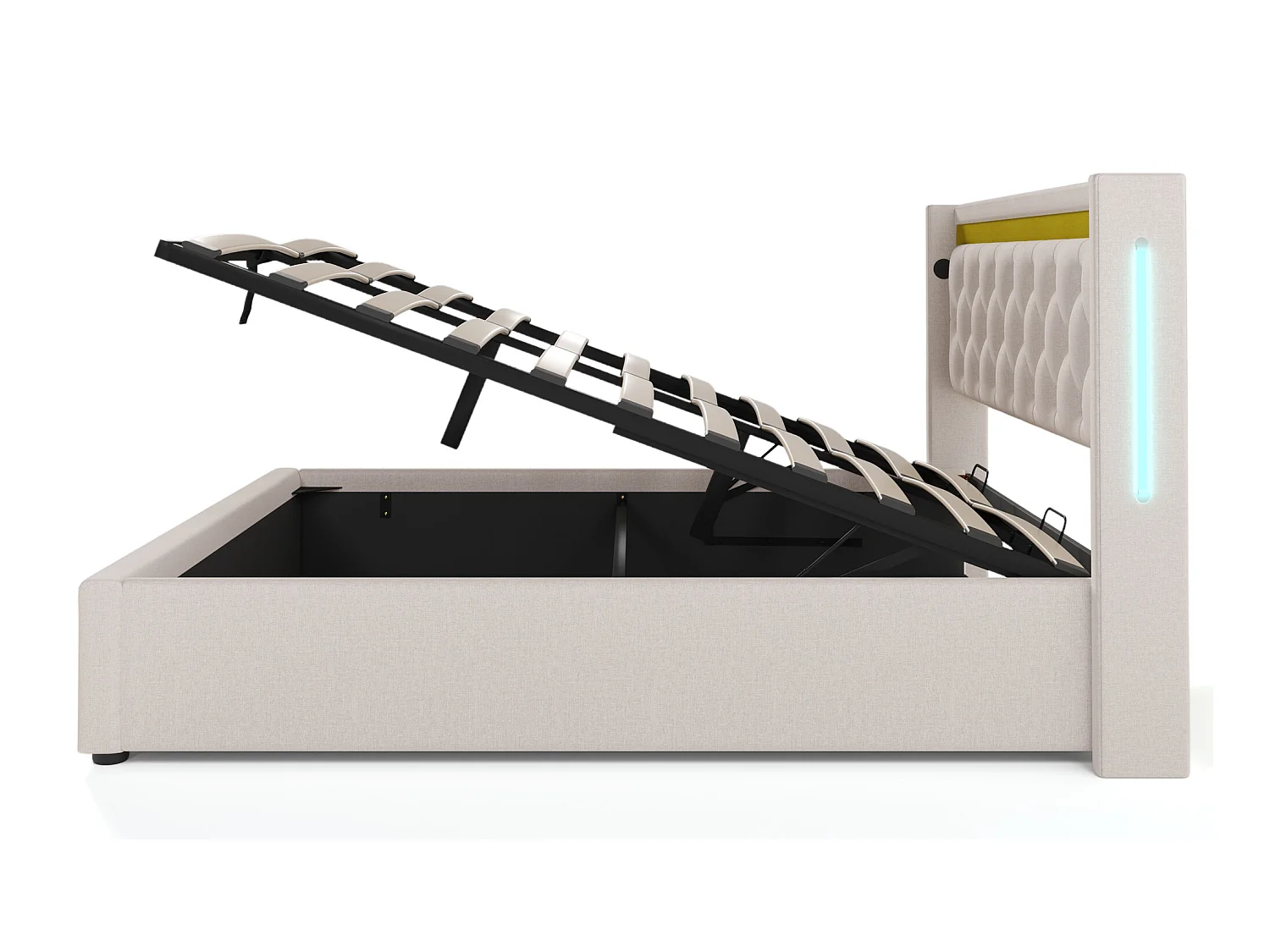Letto contenitore 160x200 cm in cotone con LED e porte USB - con rete a doghe - Beige