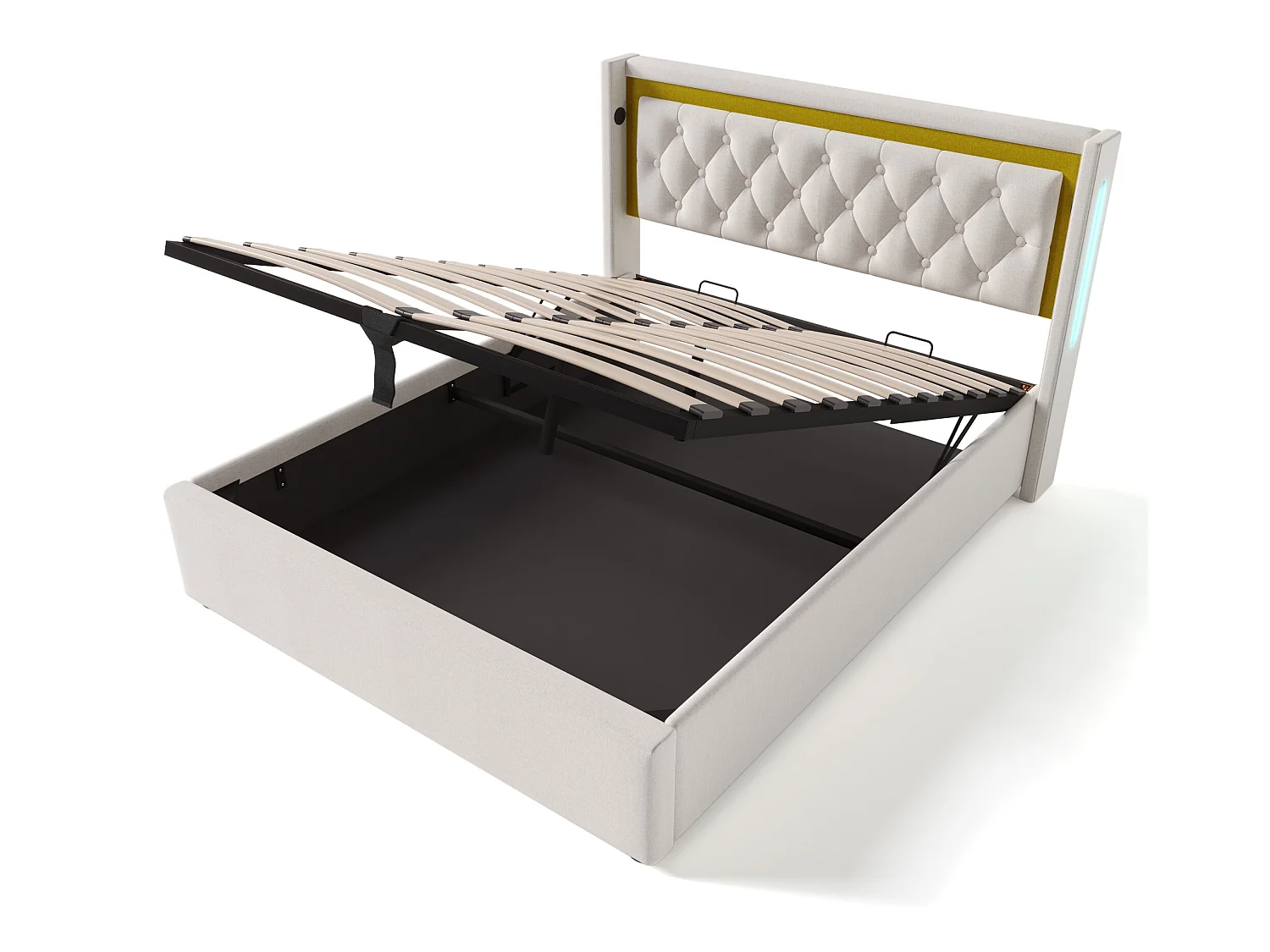 Letto contenitore 160x200 cm in cotone con LED e porte USB - con rete a doghe - Beige