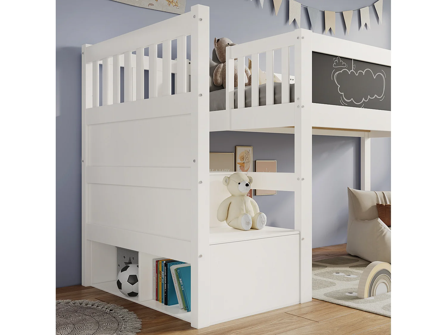 Lit mezzanine en pin massif - 90x200cm - avec un tableau noir - Blanc