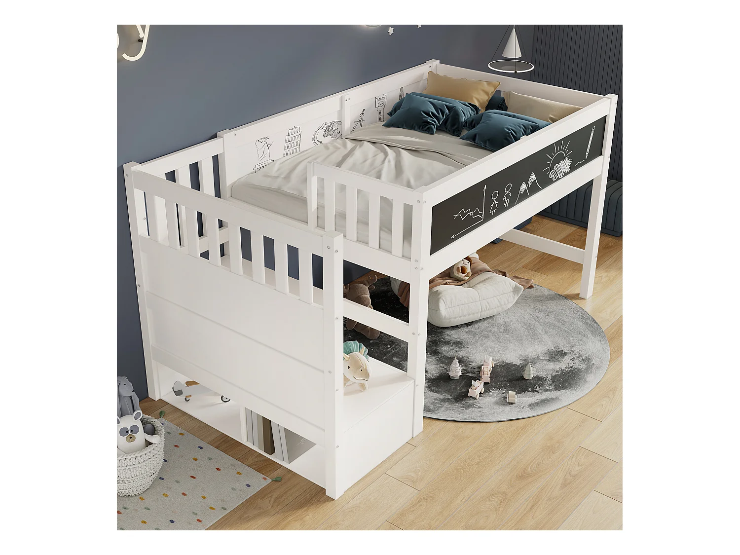 Mezzaninebed van massief grenen - 90x200cm - met schoolbord - Wit