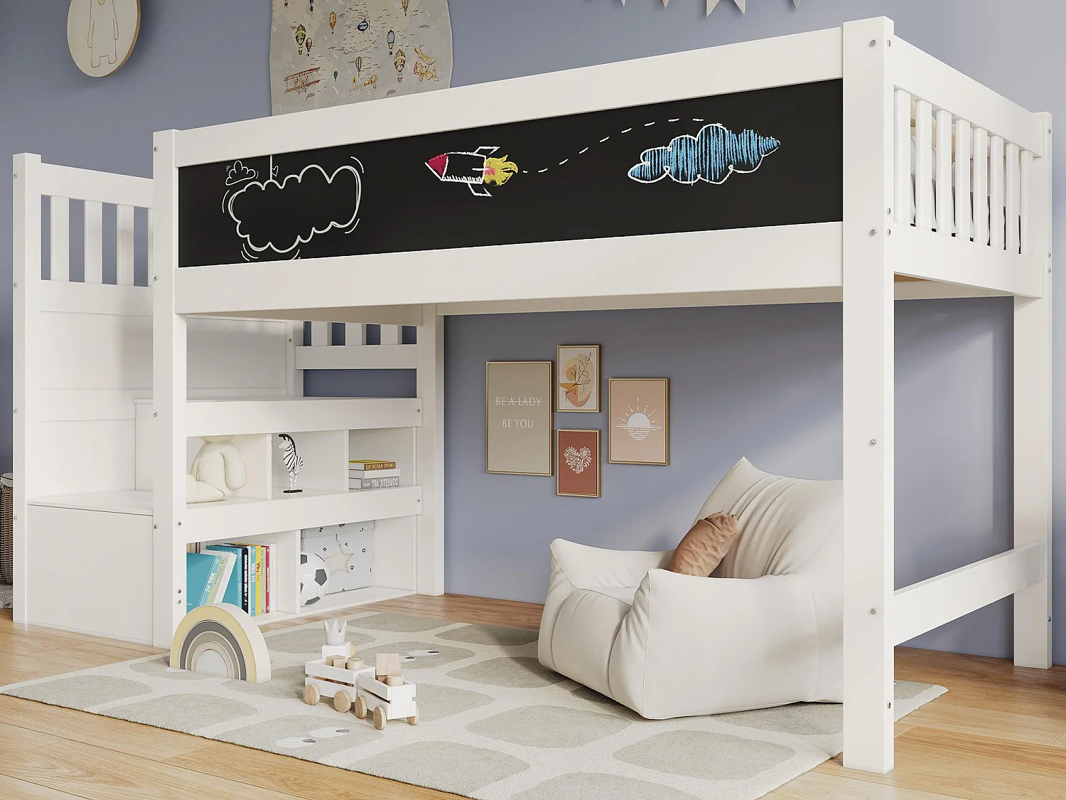 Hochbett aus massivem Kiefernholz – 90 x 200 cm – mit Tafel – Weiß