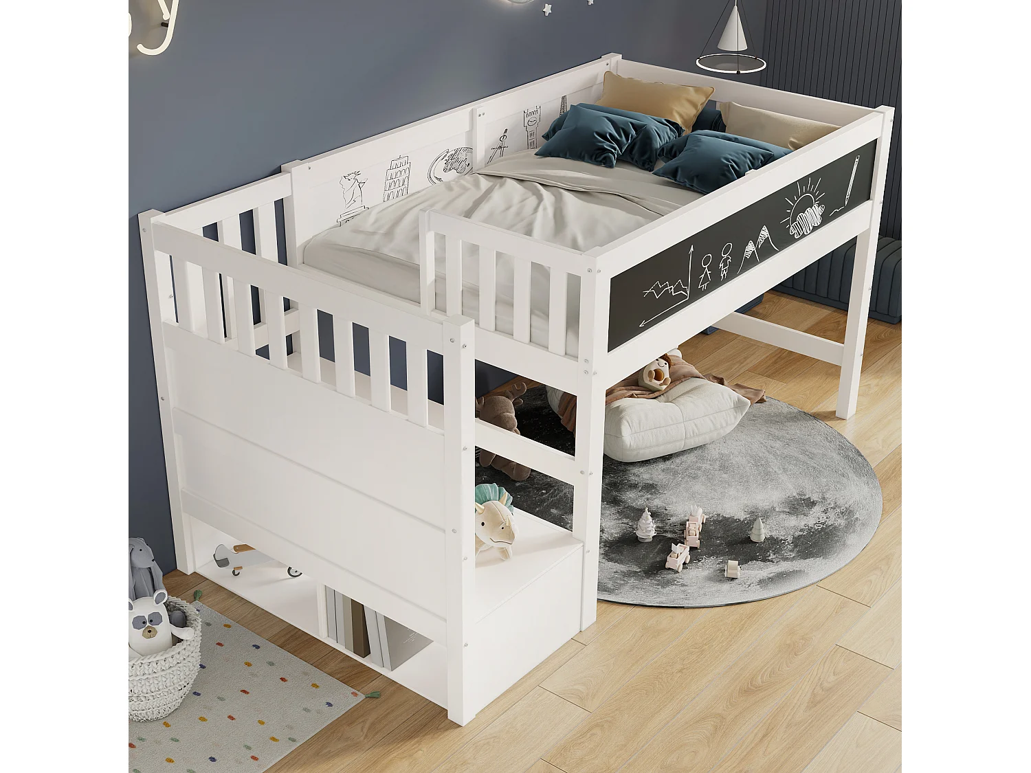 Hochbett aus massivem Kiefernholz – 90 x 200 cm – mit Tafel – Weiß