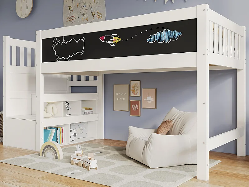 Cama entrepiso de pino macizo - 90x200 cm - con pizarra - Blanco