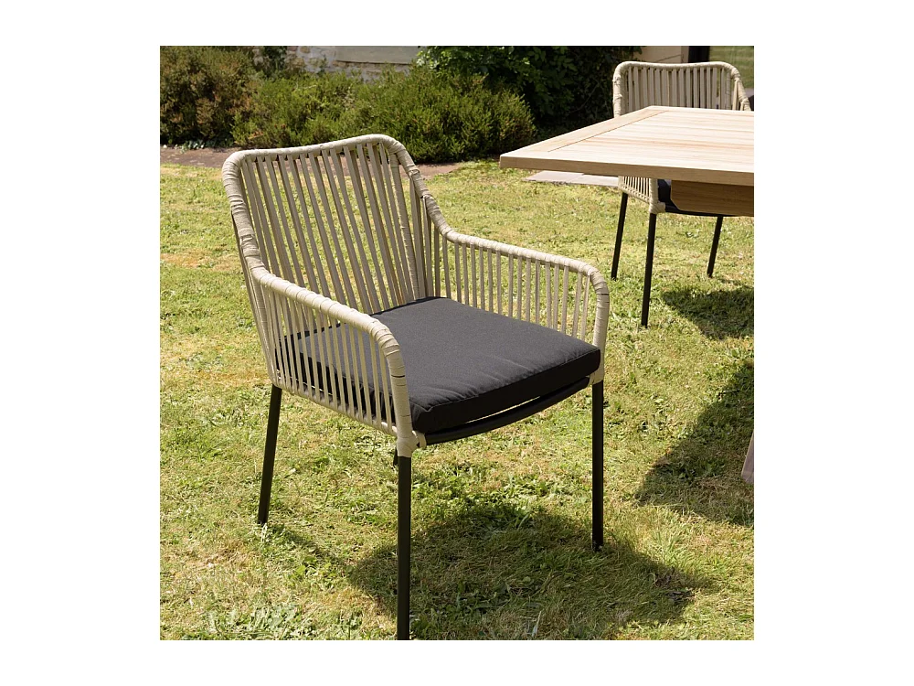 MALO - Lot de 2 fauteuils cordage couleur naturelle coussin assise noir