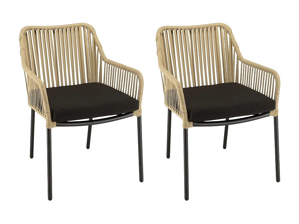 MALO - Lot de 2 fauteuils cordage naturelle coussin assise noir