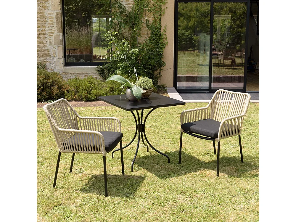 MALO - Lot de 2 fauteuils cordage naturelle coussin assise noir