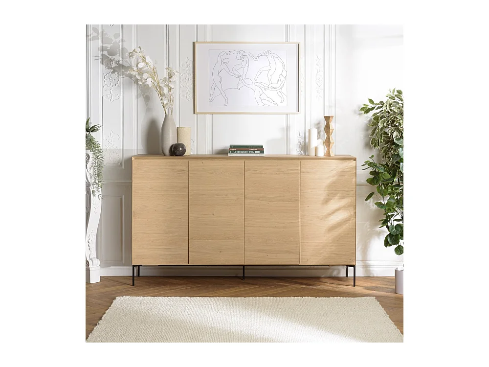 MAXENDRE - Buffet couleur naturelle 4 portes 6étagères pieds métal noir