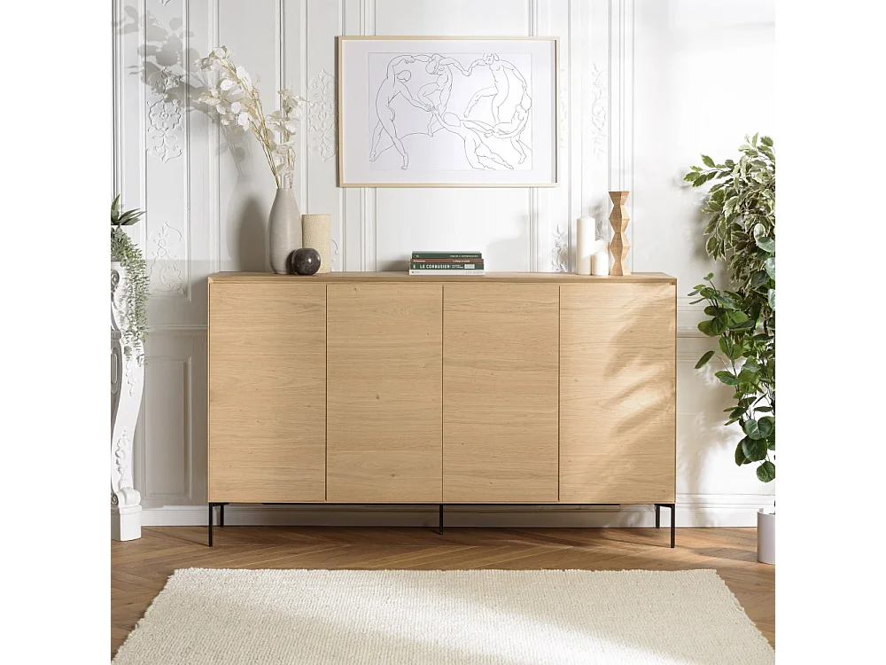 MAXENDRE - Buffet bois couleur naturelle 4 portes 6 étagères pieds noir