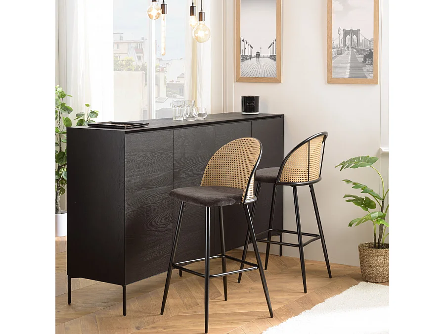 LEA - Lot de 2 tabourets bar assise tissu noir dossier effet cannage