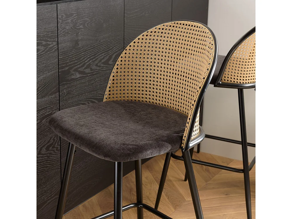LEA - Lot de 2 tabourets bar assise tissu noir dossier effet cannage