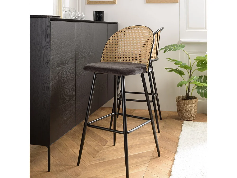 LEA - Lot de 2 tabourets bar assise tissu noir dossier effet cannage